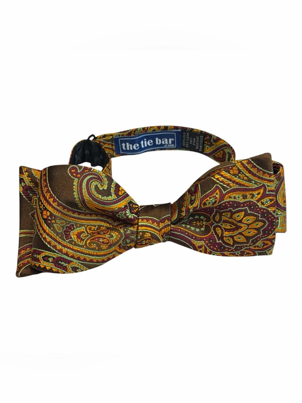 The Tie Bar Brown Paisley Silk Self Tie Bow Tie with Gold & Green Accents